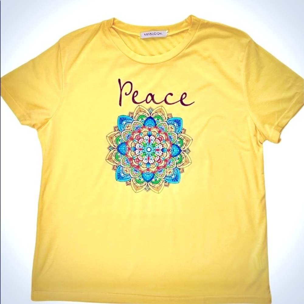 MISSLOOK Peace Mandala Yellow Short Sleeve T-Shirt